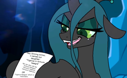 Size: 1202x736 | Tagged: safe, artist:tamers12345, edit, imported from derpibooru, queen chrysalis, changeling, changeling queen, armura tiganca, bust, female, hoof hold, implied shining armor, my little pony the movie - shattered harmony, solo, text