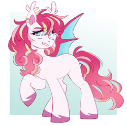 Size: 1946x1926 | Tagged: safe, artist:cheekipone, oc, oc only, unnamed oc, bat pony, pony, bat pony oc, bat wings, ear piercing, ear tufts, eye clipping through hair, eyebrows visible through hair, fangs, female, mare, missing cutie mark, passepartout, piercing, raised hoof, smiling, solo, spread wings, standing, turned head, unshorn fetlocks, wings