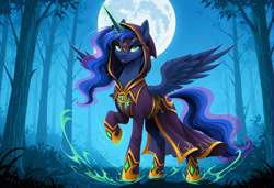 Size: 2104x1440 | Tagged: safe, imported from twibooru, princess luna, alicorn, pony, ai content, ai generated, casting a spell, clothes, disdain, female, forest, full moon, generator:zoinksnoob, hood, image, looking at you, magic, magic aura, mare, moon, needs more jpeg, night, prompter:siber, raised hoof, solo, spread wings, standing, tree, warlock, wings