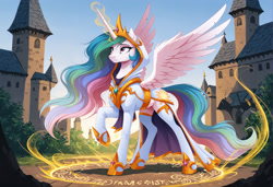 Size: 2104x1440 | Tagged: safe, imported from twibooru, princess celestia, alicorn, pony, ai content, ai generated, casting a spell, castle, clothes, female, generator:zoinksnoob, glyph, hood, hoof shoes, image, magic, magic aura, mare, needs more jpeg, outdoors, priestess, prompter:siber, raised hoof, socks, solo, spread wings, standing, thigh highs, wings, worried