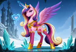 Size: 2104x1440 | Tagged: safe, imported from twibooru, princess cadance, alicorn, pony, ai content, ai generated, bedroom eyes, castle, clothes, crystal, eyeshadow, female, floating heart, generator:zoinksnoob, heart, hoof shoes, image, looking at you, magic, magic aura, makeup, mare, needs more jpeg, prompter:siber, smiling at you, socks, solo, spread wings, standing, thigh highs, wings