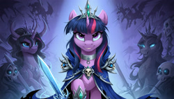 Size: 2688x1536 | Tagged: safe, imported from twibooru, twilight sparkle, alicorn, pony, undead, ai content, ai generated, cape, choker, clothes, crown, evil grin, fangs, female, generator:zoinksnoob, grin, image, jewelry, looking at you, magic, mare, necromancer, needs more jpeg, prompter:siber, raised hoof, regalia, skull, smiling, solo, spirit, sword, telekinesis, weapon