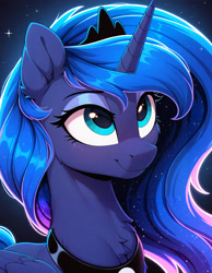 Size: 896x1152 | Tagged: safe, imported from twibooru, princess luna, alicorn, pony, ai content, ai generated, bust, chest fluff, crown, cute, daaaaaaaaaaaw, ear fluff, ethereal mane, female, generator:stable diffusion, generator:zoinksnoob, hnnng, horn, image, jewelry, looking up, mare, needs more jpeg, portrait, prompter:cloudmild, regalia, smiling, solo, wings