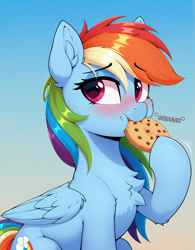 Size: 1072x1376 | Tagged: safe, editor:cloudmild, imported from twibooru, rainbow dash, pegasus, pony, ai content, ai generated, blushing, bust, cheek fluff, chest fluff, cookie, cute, ear fluff, eating, female, food, generator:stable diffusion, generator:zoinksnoob, gradient background, image, leg fluff, mare, needs more jpeg, prompter:cloudmild, shoulder fluff, sitting, solo