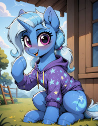 Size: 1072x1376 | Tagged: safe, imported from twibooru, trixie, pony, unicorn, ai content, ai generated, chest fluff, clothes, cute, ear fluff, female, generator:stable diffusion, generator:zoinksnoob, hoodie, horn, image, leg fluff, looking at you, mare, needs more jpeg, outdoors, pigtails, ponytail, prompter:cloudmild, raised hoof, sitting, smiling, solo, twintails