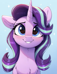 Size: 1072x1376 | Tagged: safe, imported from twibooru, starlight glimmer, pony, unicorn, ai content, ai generated, bust, cute, daaaaaaaaaaaw, female, generator:zoinksnoob, glimmerbetes, hnnng, horn, image, looking at you, mare, needs more jpeg, portrait, prompter:cloudmild, smiling, smiling at you, solo