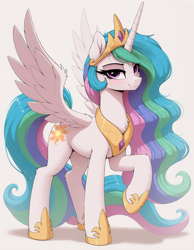 Size: 1344x1728 | Tagged: safe, imported from twibooru, princess celestia, alicorn, pony, ai content, ai generated, female, generator:zoinksnoob, image, mare, png, prompter:ramprover, raised hoof, solo, wings