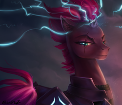 Size: 2773x2400 | Tagged: safe, artist:seadraz, imported from derpibooru, tempest shadow, pony, unicorn, my little pony: the movie, armor, broken horn, electricity, electricity magic, eye scar, facial scar, female, glowing, glowing horn, horn, magic, mare, profile, scar, signature, solo, sparking horn