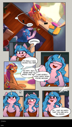 Size: 2700x4800 | Tagged: safe, artist:potato22, imported from derpibooru, izzy moonbow, sunny starscout, earth pony, pony, unicorn, ..., blushing, cellphone, comic, dialogue, duo, duo female, eyebrows, eyebrows visible through hair, eyes closed, eyes open, female, floppy ears, g5, horn, human shoulders, indoors, lesbian, mane stripe sunny, mare, moonscout, open mouth, open smile, phone, shipping, sitting, smartphone, smiling, speech bubble, talking