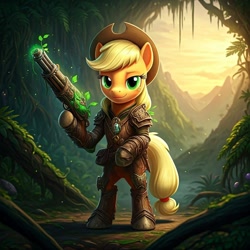 Size: 1024x1024 | Tagged: safe, generator:nightcafe ai, imported from twibooru, applejack, ai content, ai generated, generator:google imagen 3.0, gun, image, mage, needs more jpeg, plant, weapon