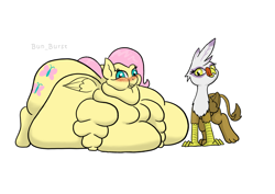 Size: 1754x1240 | Tagged: safe, artist:bun_burst, imported from derpibooru, fluttershy, gilda, griffon, pegasus, pony, bbw, belly on floor, bingo wings, blush lines, blushing, chubby cheeks, fat, fattershy, female, flabby chest, gildashy, immobile, implied lesbian, implied vore, lesbian, licking, licking lips, morbidly obese, near immobile, neck roll, obese, shipping, simple background, ssbbw, tongue out