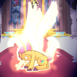 Size: 3840x3840 | Tagged: safe, artist:hate-love12, imported from derpibooru, sunny starscout, alicorn, pony, artificial horn, artificial wings, augmented, base used, female, g5, glowing, glowing eyes, horn, indoors, magic, magic horn, magic wings, mane stripe sunny, mare, my little pony: a new generation, race swap, solo, sunnycorn, unshorn fetlocks, wings