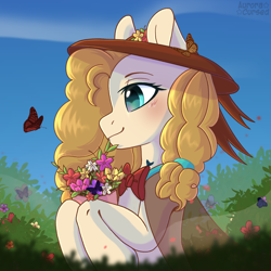 Size: 2000x2000 | Tagged: safe, artist:amitadust, artist:auroracursed, imported from derpibooru, pear butter, butterfly, earth pony, pony, 2021, blushing, bouquet, commission, cottagecore, female, flower, grass, hat, high res, mare, old art, outdoors, solo, sun hat