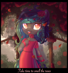 Size: 1854x1990 | Tagged: safe, artist:amitadust, artist:auroracursed, imported from derpibooru, oc, oc only, oc:damask rose, semi-anthro, unicorn, arm hooves, bipedal, commission, flower, garden, horn, looking at you, old art, open mouth, open smile, rose, smiling, smiling at you, solo, ych result