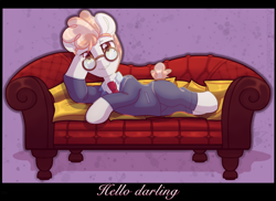 Size: 1800x1312 | Tagged: safe, artist:amitadust, artist:auroracursed, imported from derpibooru, svengallop, earth pony, pony, 2020, bedroom eyes, clothes, couch, glasses, hoof on head, looking at you, lying down, male, necktie, old art, reclining, smiling, smiling at you, solo, stallion, stupid sexy svengallop, sultry pose