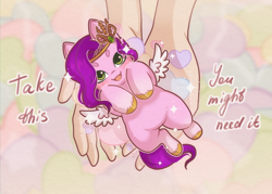 Size: 3500x2500 | Tagged: safe, artist:amitadust, artist:auroracursed, imported from derpibooru, pipp petals, pegasus, pony, adorapipp, cute, diadem, female, g5, hand, happy, heart, high res, hnnng, it's dangerous to go alone, jewelry, looking at you, mare, open mouth, open smile, pipp is short, pipp is smol, regalia, smiling, smol, sparkles, spread wings, take this, unshorn fetlocks, weapons-grade cute, wings