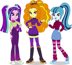 Size: 4409x4000 | Tagged: safe, artist:limedazzle, imported from derpibooru, adagio dazzle, aria blaze, sonata dusk, equestria girls, belt, boots, clothes, coat, denim, eyeshadow, female, hairband, high heel boots, jeans, jewelry, leg warmers, makeup, necklace, open mouth, pants, shirt, shoes, simple background, skirt, sneakers, socks, striped socks, sweater, tanktop, the dazzlings, transparent background, trio, trio female, wristband