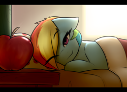 Size: 1650x1200 | Tagged: dead source, safe, artist:captainpudgemuffin, imported from derpibooru, rainbow dash, pony, 2017, apple, bed, blanket, cute, dashabetes, eye clipping through hair, female, food, hair over one eye, implied appledash, implied lesbian, implied shipping, letterboxing, morning ponies, old art, one eye closed, solo, sweet dreams fuel, waking up