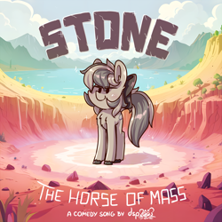 Size: 4096x4096 | Tagged: safe, artist:dsp2003, imported from derpibooru, oc, oc:stone, earth pony, pony, aftermath, ai assisted, ai content, beady eyes, blushing, bowtie, chest fluff, chibi, cloud, cover art, crater, detailed background, earth pony oc, female, generator:stable diffusion, mare, signature, smug, solo, solo female, song in the description, text, water