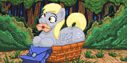 Size: 1280x640 | Tagged: safe, artist:ruanshi, imported from derpibooru, derpy hooves, pony, basket, digital art, envelope, forest, happy, mail, nature, pixel art, solo, tree