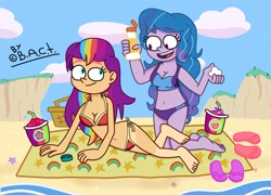 Size: 2048x1477 | Tagged: safe, artist:garybaldor, imported from derpibooru, izzy moonbow, sunny starscout, human, equestria girls, bare shoulders, barefoot, beach, beach towel, belly, belly button, bikini, breasts, clothes, cloud, drink, equestria girls-ified, eyebrows, eyebrows visible through hair, feet, flip-flops, g5, g5 to equestria girls, g5 to g4, generation leap, kneeling, looking at each other, looking at someone, lying down, mane stripe sunny, midriff, nest, ocean, outdoors, sandals, seashell, signature, sky, smiling, smoothie, string bikini, sunscreen, swimsuit, tan lines, water