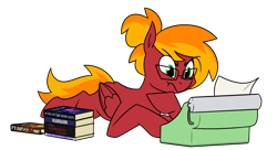 Size: 1288x703 | Tagged: safe, artist:moonatik, imported from derpibooru, oc, oc only, oc:moonatik, pegasus, pony, book, fanfic art, glasses, hair bun, hoof on chin, male, pegasus oc, simple background, solo, stallion, transparent background, typewriter, wings