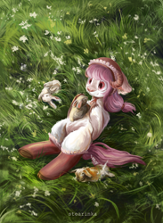 Size: 2044x2793 | Tagged: safe, artist:stearinka, imported from derpibooru, oc, oc only, goat, goat pony, hybrid, pony, rabbit, animal, bonnet, clothes, female, field, goat horns, horns, lying down, mare, socks, solo