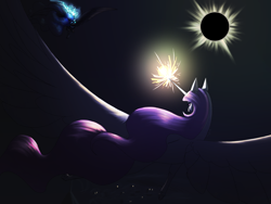 Size: 2160x1620 | Tagged: safe, artist:starshine74, imported from derpibooru, nightmare moon, princess celestia, alicorn, pony, duo, eclipse, female, mare, pink-mane celestia