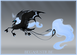 Size: 3507x2480 | Tagged: safe, artist:begasus, imported from derpibooru, oc, oc only, oc:mothary, alicorn, original species, pony, alicorn oc, bird tail, concave belly, curved horn, ethereal mane, ethereal tail, female, horn, large wings, leonine tail, long horn, mare, passepartout, peytral, solo, tail, thin legs, unshorn fetlocks, wings