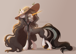 Size: 3700x2650 | Tagged: safe, artist:avroras_world, imported from derpibooru, oc, oc only, pony, unicorn, chest fluff, ear fluff, female, flower, hat, horn, mare, simple background, solo, sun hat, unshorn fetlocks