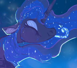 Size: 3600x3200 | Tagged: safe, artist:megalura, imported from derpibooru, princess luna, alicorn, pony, bust, eyes closed, female, mare, mouth hold, noisemaker, solo