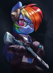 Size: 2351x3235 | Tagged: safe, artist:theprince, imported from derpibooru, rainbow dash, pegasus, pony, bipedal, clothes, cosplay, costume, crossover, female, glasses, gloves, gun, headphones, mare, necktie, pants, rainbow six, rainbow six siege, shirt, shotgun, solo, suit, warden, watch, weapon, wristwatch