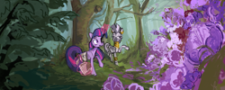 Size: 2920x1168 | Tagged: safe, artist:megalura, imported from derpibooru, twilight sparkle, zecora, pony, unicorn, zebra, bag, duo, everfree forest, female, flower, forest, glowing, glowing horn, horn, levitation, magic, mare, nature, outdoors, parchment, quill, saddle bag, telekinesis, tree, unicorn twilight