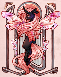 Size: 1986x2494 | Tagged: safe, artist:segraece, imported from derpibooru, oc, oc only, changeling, changeling oc, commission, modern art, multiple eyes, nouveau, pink changeling, solo, spread wings, wings