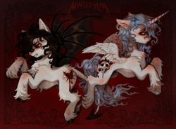 Size: 2940x2160 | Tagged: safe, artist:mystery-lou, imported from derpibooru, oc, oc only, alicorn, bat pony, pony, alicorn oc, chest fluff, concave belly, duo, eyebrow piercing, female, horn, long horn, mare, piercing, siblings, sisters, spread wings, thin, unshorn fetlocks, wings