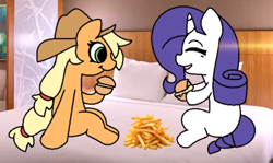 Size: 568x339 | Tagged: safe, artist:tamers12345, imported from derpibooru, applejack, rarity, earth pony, pony, unicorn, bed, burger, food, french fries, hay burger, horn, hotel, my little pony the movie - shattered harmony