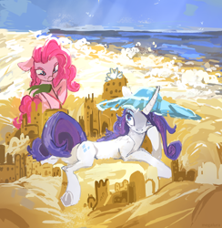 Size: 2982x3055 | Tagged: safe, artist:megalura, imported from derpibooru, pinkie pie, rarity, earth pony, pony, unicorn, beach, butt, duo, female, hat, horn, lying down, mare, ocean, plot, sandcastle, underhoof, water