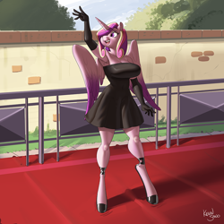 Size: 900x900 | Tagged: safe, artist:kevinsano, imported from derpibooru, princess cadance, alicorn, anthro, unguligrade anthro, big breasts, black dress, breasts, busty princess cadance, clothes, dress, evening gloves, female, gloves, hair over one eye, hoof shoes, long gloves, mare, open mouth, open smile, outdoors, signature, smiling, solo, waving