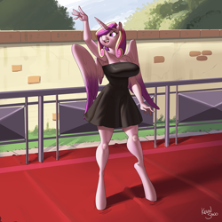 Size: 900x900 | Tagged: safe, alternate version, artist:kevinsano, imported from derpibooru, princess cadance, alicorn, anthro, unguligrade anthro, big breasts, black dress, breasts, busty princess cadance, clothes, dress, female, hair over one eye, mare, multiple variants, open mouth, open smile, outdoors, signature, smiling, solo, waving