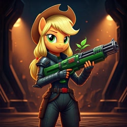 Size: 1024x1024 | Tagged: safe, generator:nightcafe ai, imported from twibooru, applejack, ai content, ai generated, generator:google imagen 3.0, gun, image, mage, needs more jpeg, plant, weapon