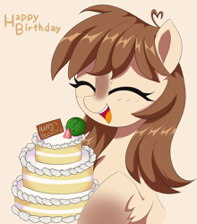 Size: 1318x1500 | Tagged: safe, artist:spoonie, oc, oc:frosty flakes, earth pony, pony, birthday, cake, female, food, simple background, smiling, snowpony, solo, yakutian horse