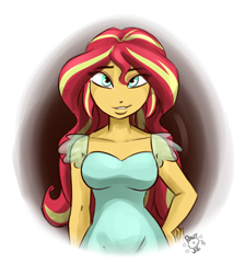 Size: 1700x1900 | Tagged: dead source, safe, artist:ponut_joe, imported from derpibooru, sunset shimmer, human, equestria girls, 2016, clothes, cute, female, hand on hip, looking at you, old art, questionable source, shimmerbetes, smiling, solo