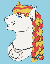 Size: 1250x1602 | Tagged: safe, artist:hiddenfaithy, imported from derpibooru, oc, oc only, oc:blazing justice, earth pony, bust, colored, commission, flat colors, jewelry, necklace, simple background, smiling