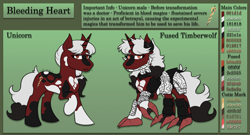 Size: 1841x994 | Tagged: safe, artist:hiddenfaithy, imported from derpibooru, oc, oc only, oc:bleeding heart, hybrid, original species, timber pony, timber wolf, unicorn, before and after, commission, full body, fusion, horn, raised hoof, reference sheet, species swap