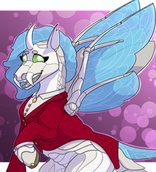 Size: 1942x2143 | Tagged: safe, artist:hiddenfaithy, imported from derpibooru, oc, oc only, oc:queen probiscus, changeling, mantis, mantis pony, clothes, commission, half body, insect wings, simple background, wings