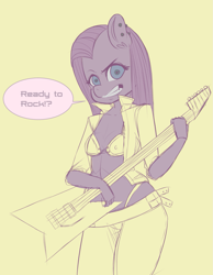 Size: 1231x1590 | Tagged: safe, artist:gear-zs, imported from derpibooru, pinkie pie, anthro, bra, clothes, ear piercing, electric guitar, guitar, musical instrument, pants, partial color, piercing, pinkamena diane pie, sketch, speech bubble, underwear