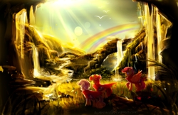 Size: 5000x3235 | Tagged: safe, artist:aquagalaxy, imported from derpibooru, apple bloom, scootaloo, sweetie belle, earth pony, pegasus, pony, unicorn, cape, clothes, cmc cape, cutie mark crusaders, female, filly, foal, horn, rainbow, scenery, scenery porn, spread wings, trio, water, waterfall, wings