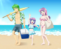 Size: 827x672 | Tagged: safe, artist:riouku, imported from derpibooru, princess flurry heart, spike, sweetie belle, human, beach, bikini, clothes, commission, commissioner:vatobot17, female, humanized, male, ocean, older, older flurry heart, older spike, older sweetie belle, sand, shipping, spikebelle, straight, swimsuit, uncle spike, water