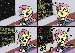 Size: 2048x1448 | Tagged: safe, artist:ewoudcponies, imported from derpibooru, fluttershy, pegasus, pony, 4 panel comic, book, clothes, comic, death metal, dialogue, female, looking up, lying down, mare, metalshy, music notes, open mouth, prone, reading, solo, space, spaceship, sploot, uniform