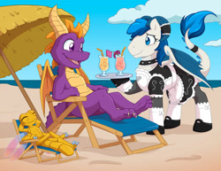 Size: 1280x990 | Tagged: safe, artist:chaoskomori, imported from derpibooru, oc, oc:feathertrap, dracony, dragon, dragonfly, hybrid, insect, pony, apron, arm behind head, beach, beach chair, blush lines, blushing, chair, choker, clothes, commission, crossdressing, crossover, dracony oc, dress, drink, eyes closed, looking at each other, looking at someone, maid, male, open mouth, open smile, parasol (umbrella), relaxing, shoes, smiling, socks, sparx the dragonfly, spyro the dragon, spyro the dragon (series), tray, trio, trio male